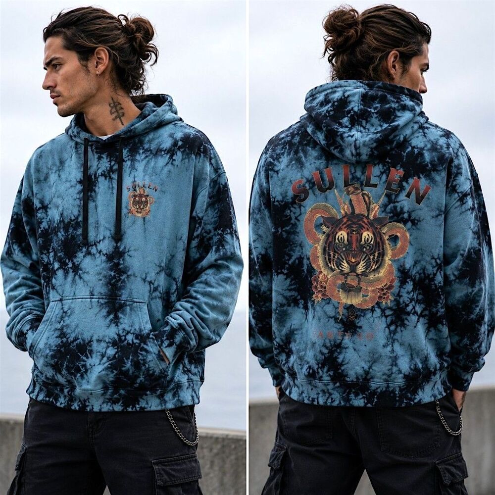 Sullen L Grunge Urban Skater Streetwear Tie Dye Hoodie Tiger Graphic Blue Black